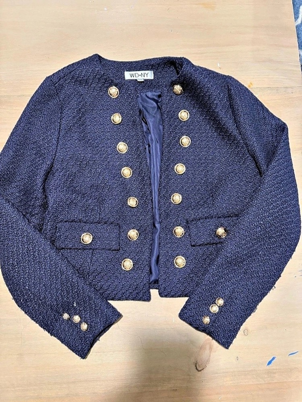 WD.NY Navy Tweed Cropped Jacket, Gold Crest Buttons, Collarless, Size XS
